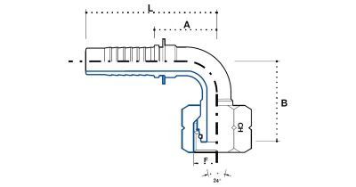 DKO-L (Г) угловой ниппель 90°, гайка с метрической резьбой, конус 24° с уплотнительным резиновым кольцом, легкая серия