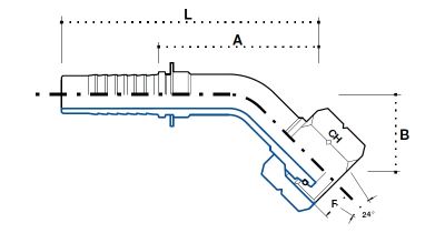 DKO-L (Г) угловой ниппель 45°, гайка с метрической резьбой, конус 24° с уплотнительным резиновым кольцом, легкая серия